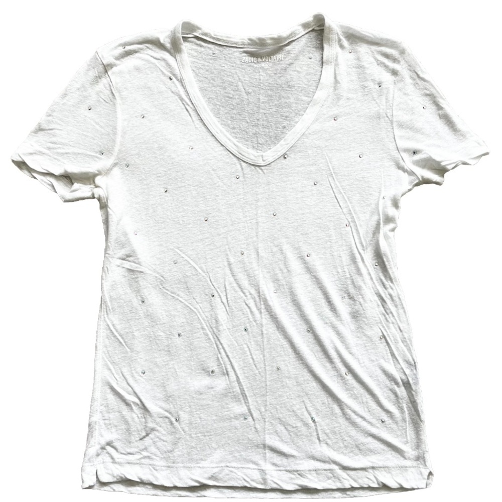 ZADIG & VOLTAIRE SEMI SHEER RHINESTONE EMBELLISHED V NECK T SHIRT ELEVATED - Picture 7 of 7